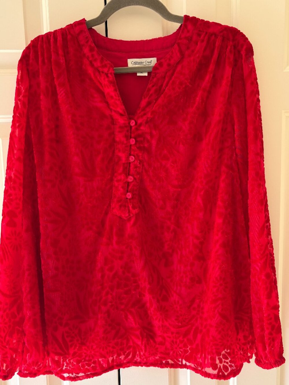 Coldwater Creek Red Burnout Velvet Boho Top Peasant Blouse Sz LP